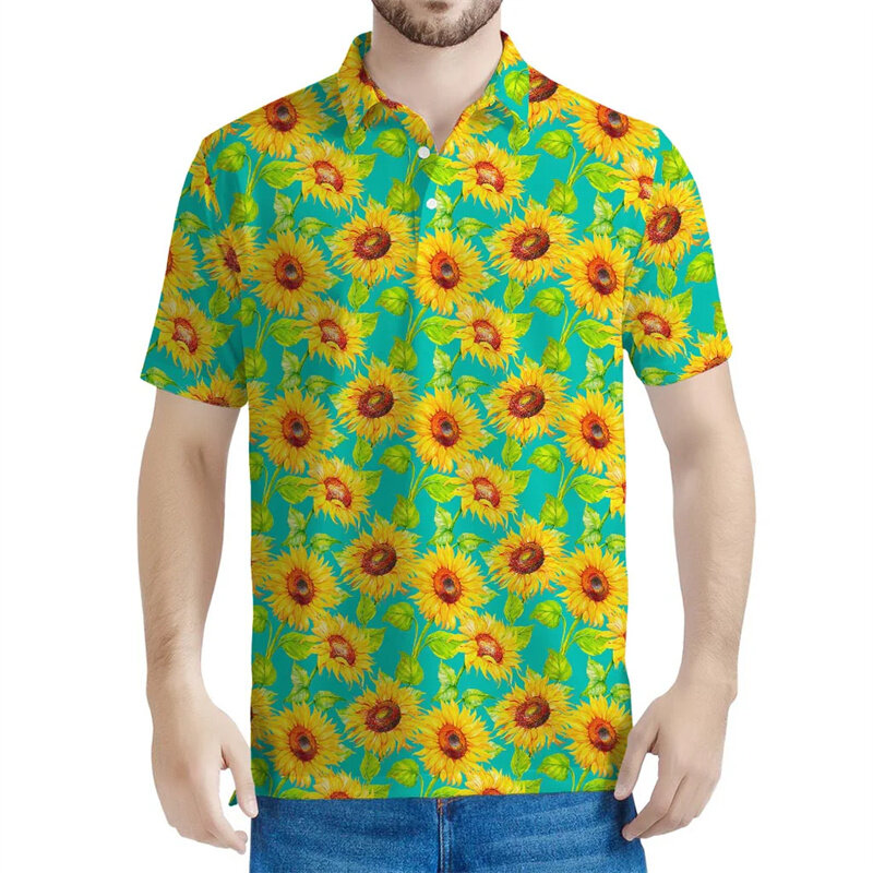 Polo de girassol amarelo impresso em 3D masculino, camiseta de lapela, botão T, plantas, gráfico floral, mangas curtas, streetwear, verão, novo