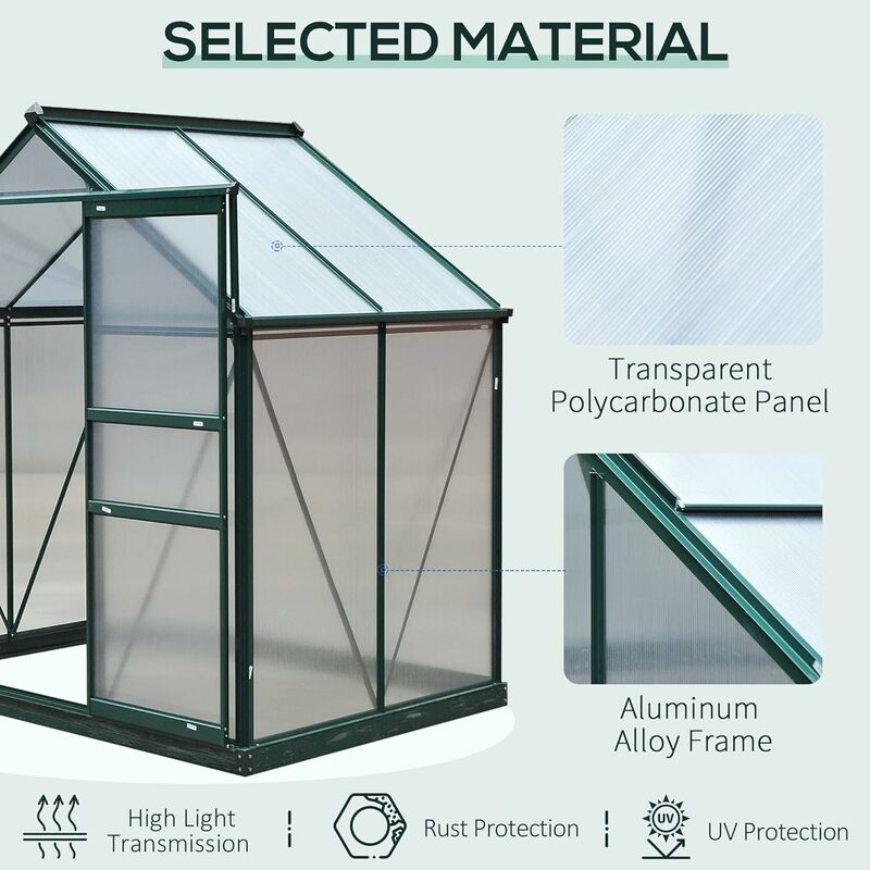 Invernadero de policarbonato de 6 'x 4' x 6,5 ', Kit de casa verde de aluminio para exteriores, resistente, con canalón de lluvia, ventilación y puerta