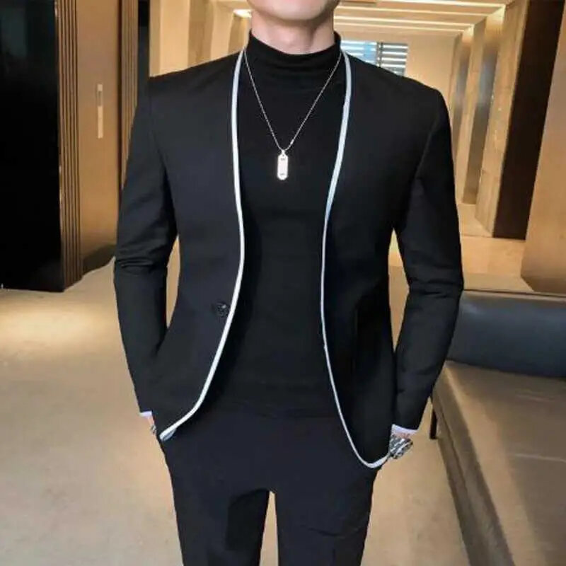 Black Casual Men Suits with Round Collar 2 Piece Blazer with Pants Slim Fit Wedding Tuxedo for Groomsmen Male Fashion Clothes