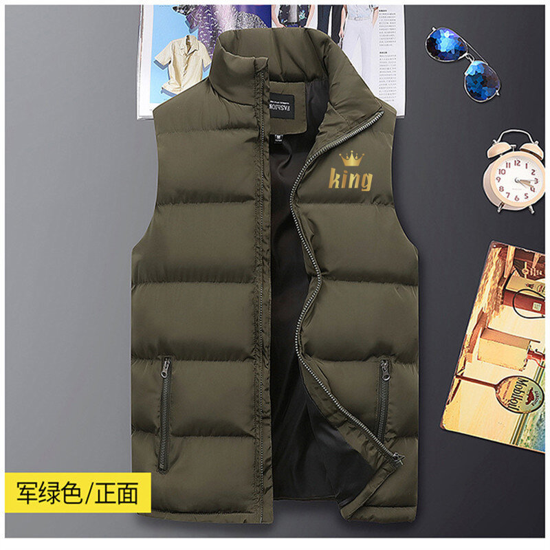 2023 Winter Men's Tank Top Coat Printed Thick Standing Neck Solid Cotton Tank Top Duck Down Jacket Sleeveless