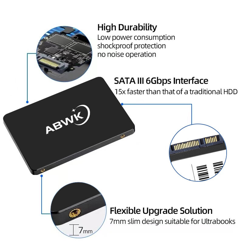 Abwk SSD 2.5 SSD 1TB 2TB 512GB SATA III 480GB 240GB SSD 120GB SSD 256GB ฮาร์ดสเตทไดร์ฟภายในสำหรับคอมพิวเตอร์ตั้งโต๊ะ