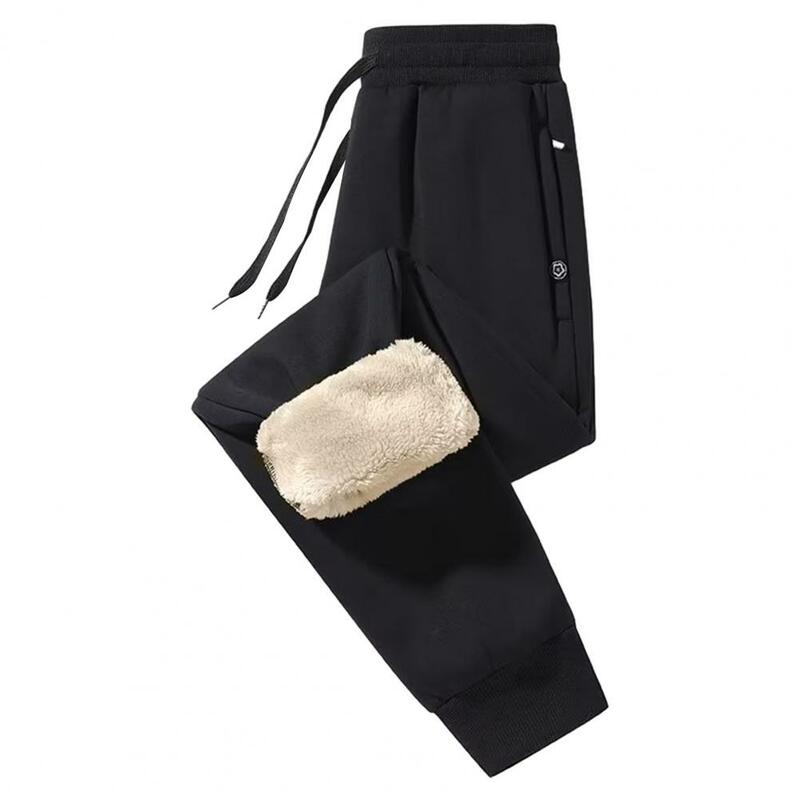 Calça de bolso reforçada masculina, calça grossa de pelúcia, cordão, elástico na cintura, bolsos com zíper, quente, inverno