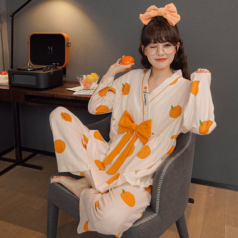 Set Piyama Katun Kimono Lucu Simpul Kupu-kupu 2 Potong Pakaian Tidur Pakaian Tidur Musim Semi Musim Gugur Pakaian Rumah Wanita Pakaian Santai Wanita
