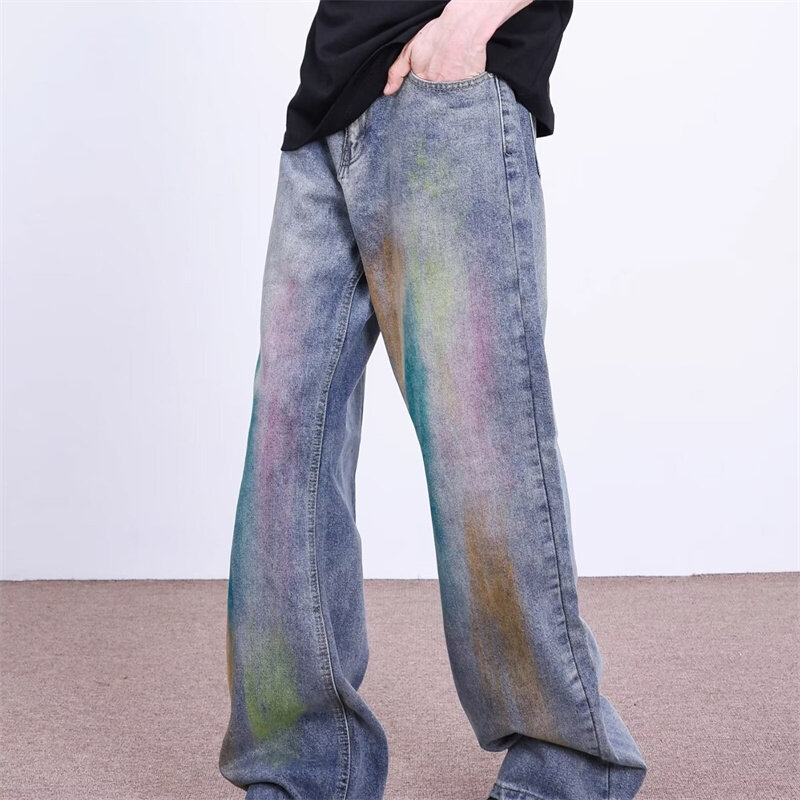 Celana panjang kaki lebar untuk pria, Jeans Denim pantalone motif pelangi, celana panjang kasual, pakaian jalanan, biru, Y2K, untuk pria