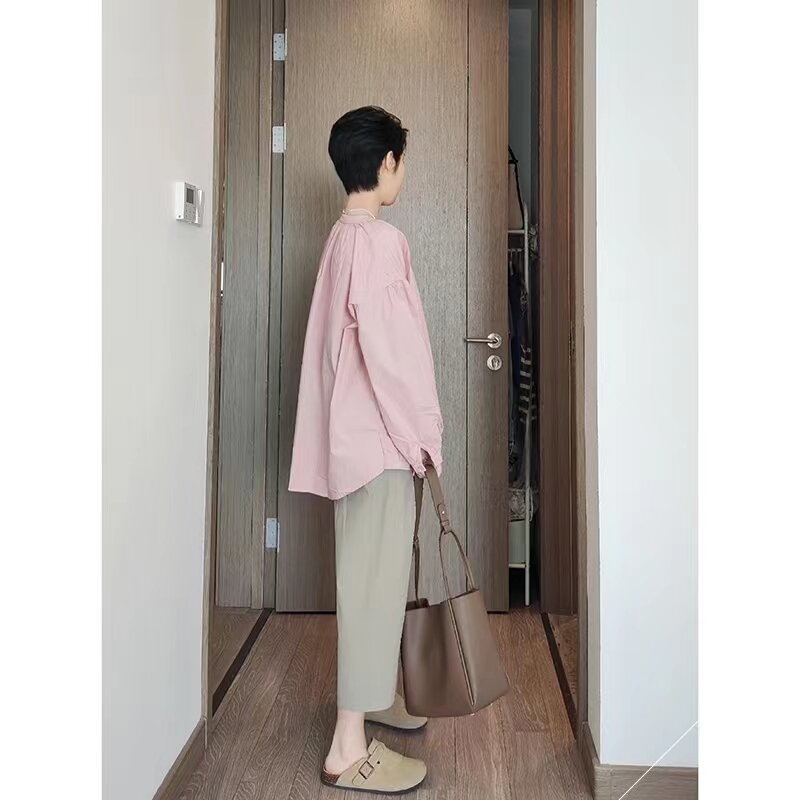 女性用長袖シャツ,レトロな日本のラウンドネック,ルーズでカジュアルなトップス,ピンクの婦人服