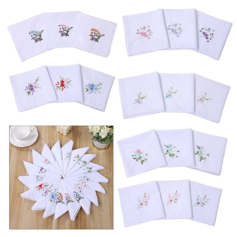 3pcs Vintage Hankie Woman Handkerchiefs Polyester Embroidery Flower Washable Hankies Chest Towel Pocket Handkerchiefs