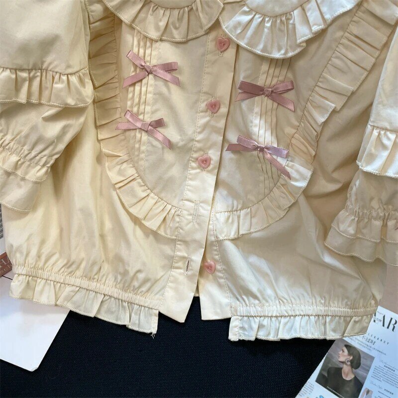 Блузка женская в стиле «Лолита», французская винтажная Милая рубашка с воротником «Питер Пэн», с оборками и бантом, с коротким рукавом, в стиле преппи, на пуговицах, на лето