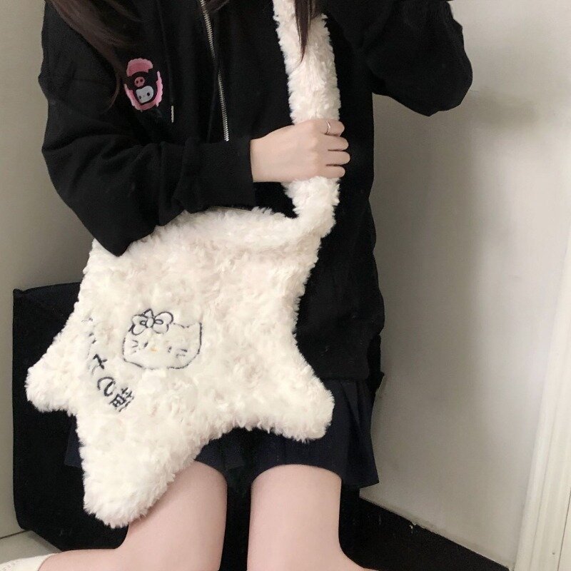 MBTI Y2k Hello Kitty Shoulder Bag for Women Star Plush Cute Casual Sweet Crossbody Bag Large Capacity Soft Fashion New Handbag