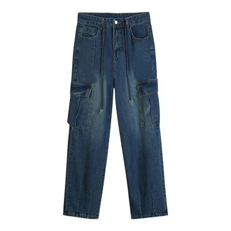 Женские винтажные джинсы-карго темно-синего цвета, уличная одежда свободного покроя y2k, джинсы с высокой талией и прямыми широкими штанинами, весна 2023