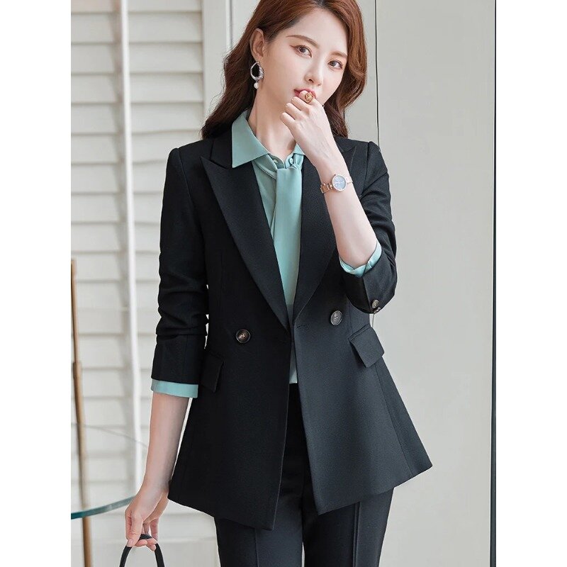 Chaqueta de traje azul de alta calidad para mujer, chaqueta femenina de manga larga, de un solo pecho, ropa de trabajo de negocios, abrigo Formal