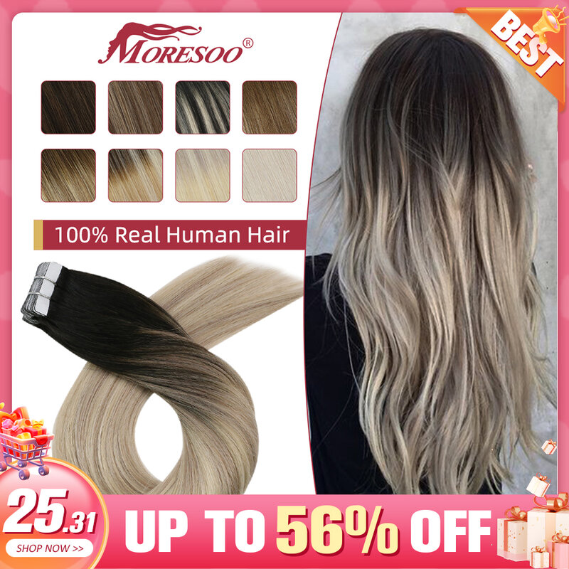Moresoo Tape in Human Hair Extensions 100% Real Hair Remy Brazilian Hair 14-24inch Straight Natural Adhesives Tape in Extensions