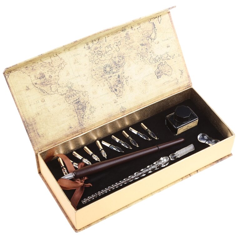 Набор ручек из старинного дерева с бутылочками с черными чернилами, 10 наконечников, подарочный набор для каллиграфии