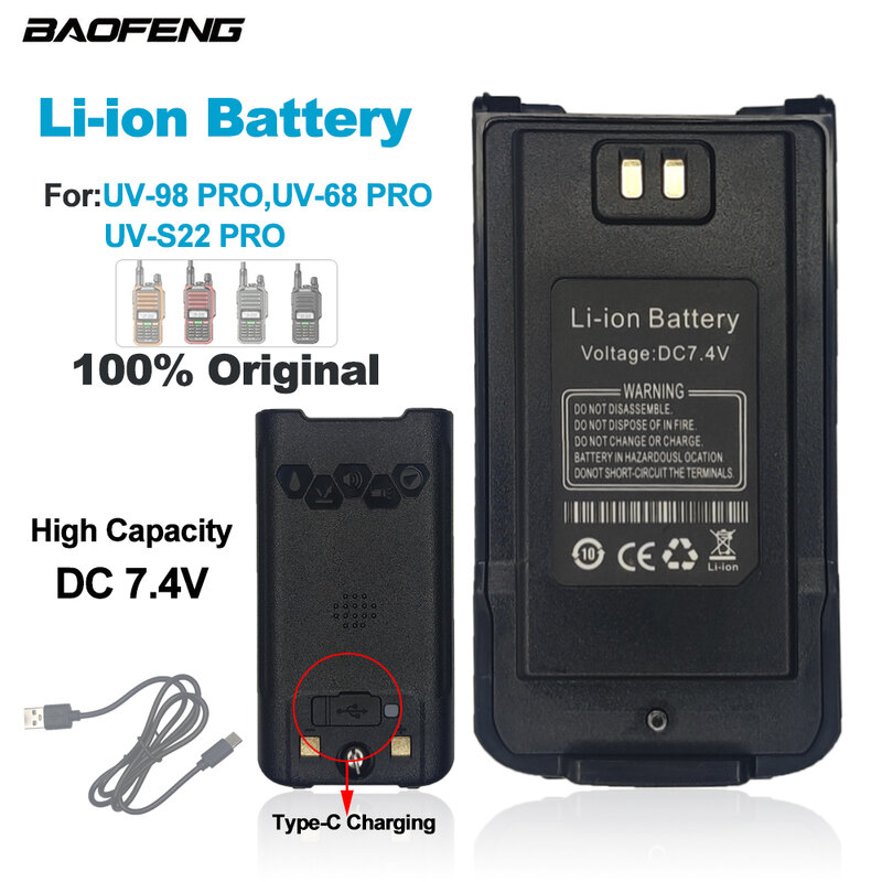 BAOFENG-Bateria Li-ion Original, Alta Capacidade, Carregamento Tipo-C, Walkie Talkie, UV-98 Pro, UV-S22Pro, Max V2, Baterias Extra, Alta Capacidade