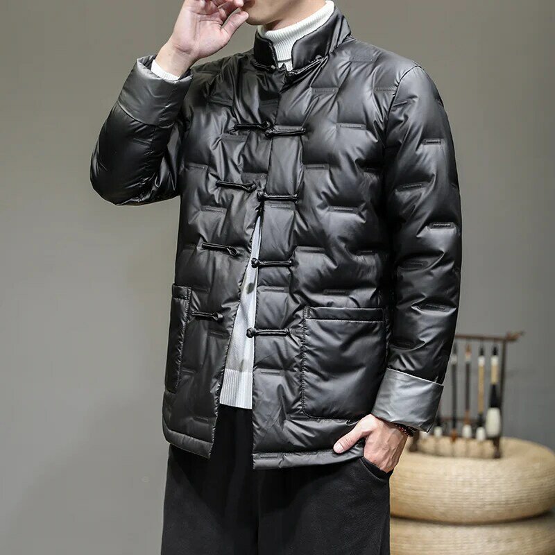Japanese Styles Grey Duck Down Jacket For Men Streetwear Standing Collar Thicken Warm Plate Button parkas Down Jackets and Coats