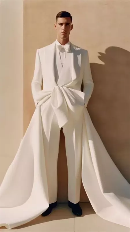 Conjunto de trajes blancos para hombre, chaqueta de tren larga hecha a medida, 2 piezas, Blazer + Pantalones, lujo, pasarela, baile de graduación, novio, boda, esmoquin