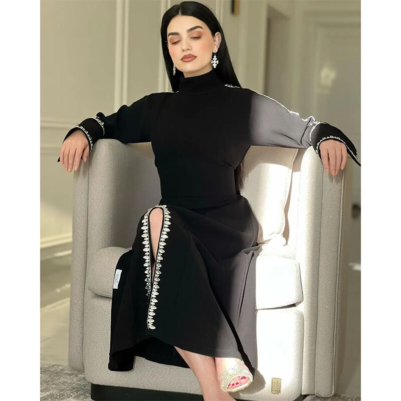 Saudi Arabia Elegant 2024 Women Wear Evening Dresses High Neck Long Sleeve Crystal Front Slit Black Prom Formal Gowns