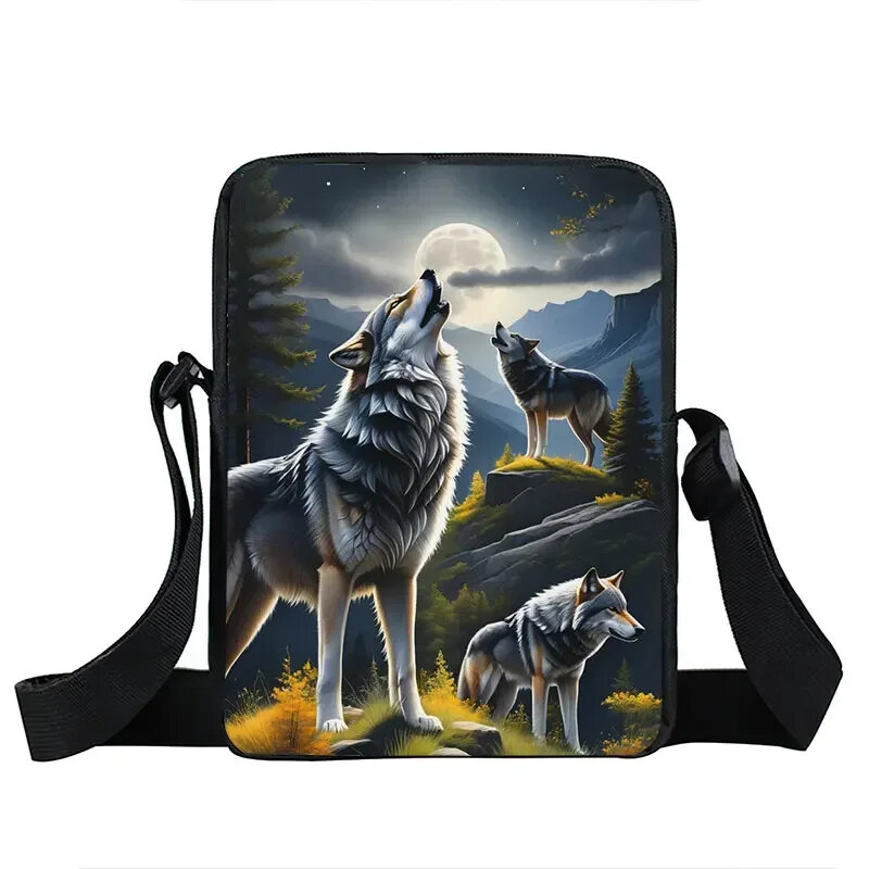 Tas selempang bermotif serigala untuk pria wanita, tas kurir, tas bahu motif serigala, tas tangan kasual untuk perjalanan, tas penyimpan ponsel, tas buku remaja