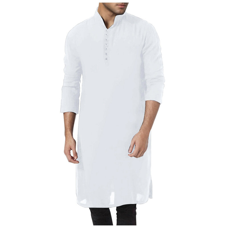 2024 Men's Cotton Button-down Sleep Robe Solid Color Stand Neck Long Sleeve Nightgown Fashion Comfortable Home Loose Bathrobe