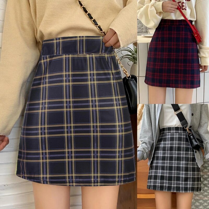 Korean Style Slim Fashion Vintage Preppy Student Street Chic Faldas Elegant Skirts Women Plaid A-line Hip-skirt All-match