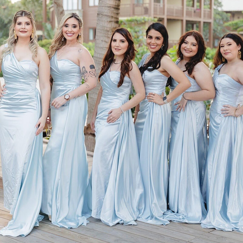 Eleganckie suknie dla druhen o kroju syreny jedno ramię 2024 sukienka na studniówkę proste satynowe suknie na przyjęcia weselne Vestidos Para Bodas z pociągiem