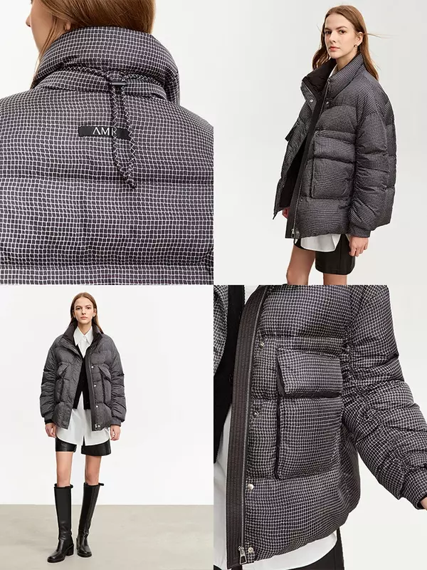 AMII 여성용 깅엄 화이트 덕 다운 코트, 2023 겨울 루즈 다운 재킷, 하이 스탠드 칼라, 두껍고 따뜻한 겉옷, 여성 12344054