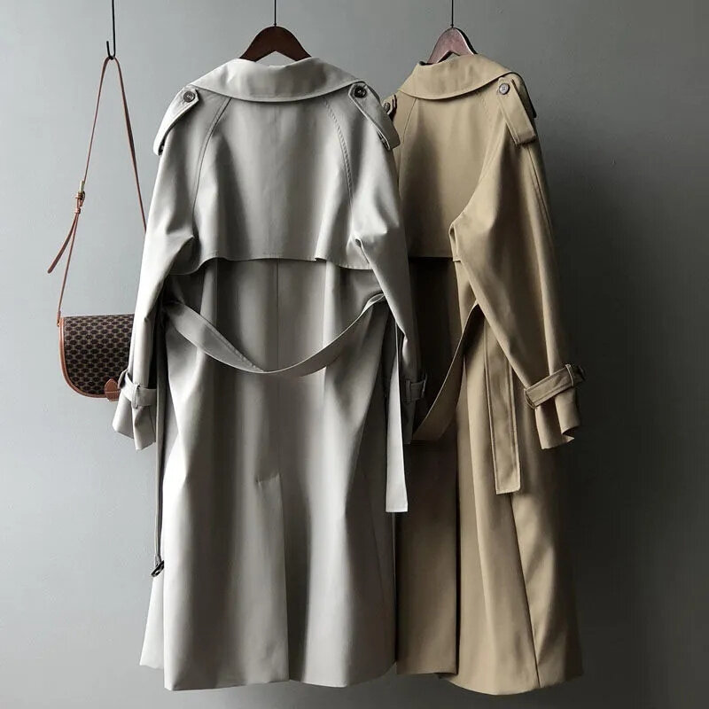 Double Breasted Gabardina Trench Coats para as Mulheres, Cinza Clássico, Cinto Longo, Streetwear Coreano, Windbreaker Abrigos, Primavera