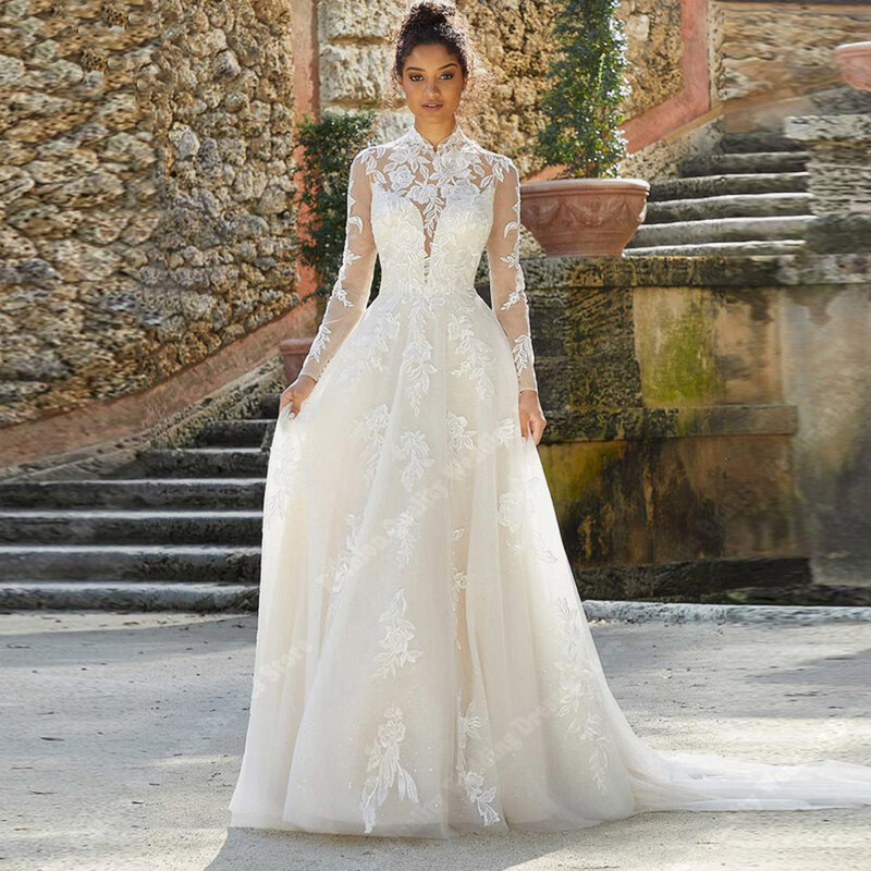 Submissive Tulle Long Sleeves Women Wedding Dresses Floral Print A-Line Bridal Robes Simple Long Tail Lady Vestido De Novia 2024