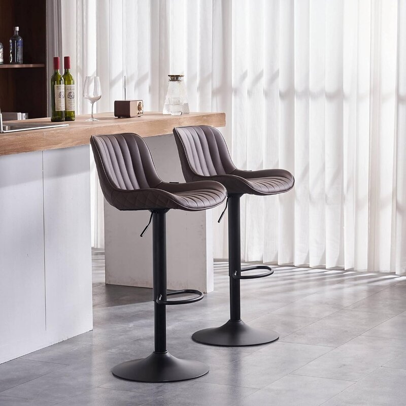 YOUNIKE stołki barowe ciemnobrązowe skórzane stołki barowe z oparciem, obrotowy regulowany nowoczesny stołek na ladę, tapicerowane wysokie krzesełko