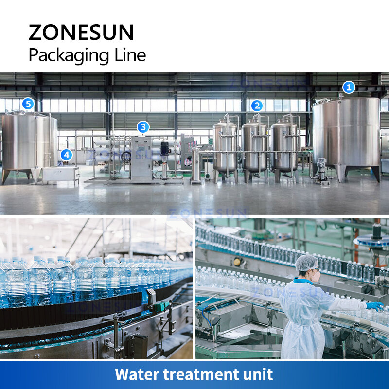 خط متكامل لتعبئة المياه المعبأة في زجاجات من ZONESUN ، حل تسليم المفتاح التلقائي بالكامل ، Streamlin للإنتاج الضخم من المصنع ،