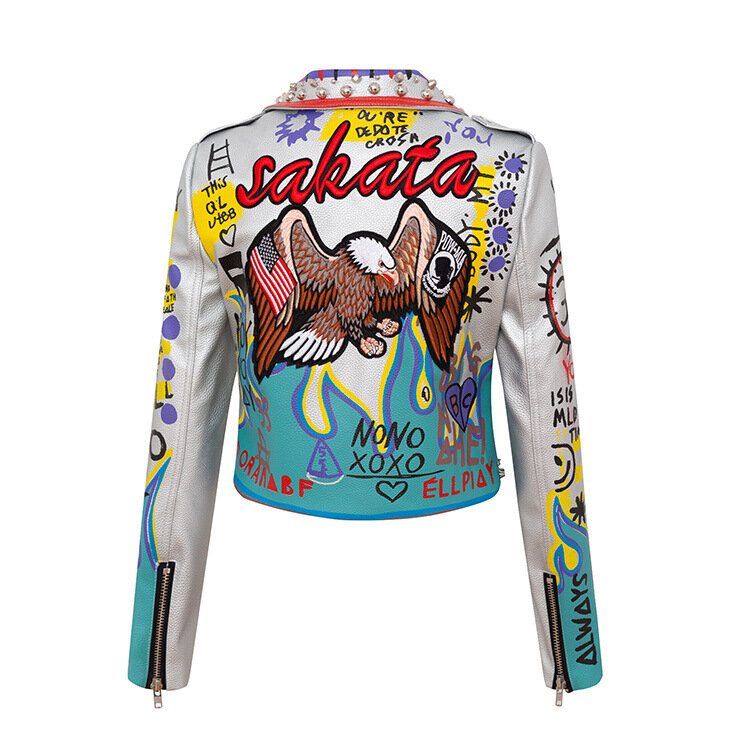 Chaqueta de cuero de ajuste Delgado plateado para mujer, ropa de motocicleta con contraste impreso, abrigo Punk Rock, alta calidad, 2024