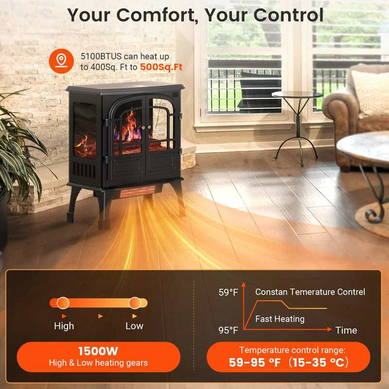 Warmtoo-Lareira Elétrica Portátil com Controle Remoto, Efeito de Chama 3D, Fogão Autoportante, Aquecedor Interior, 24 em