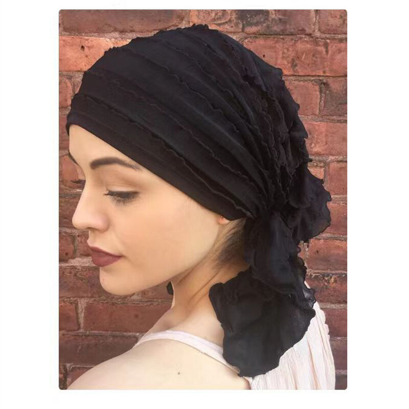 Aksesoris rambut wanita, Turban wanita warna Solid pre-tie topi Kemo lipat padat lembut topi Turban syal kepala bungkus kanker