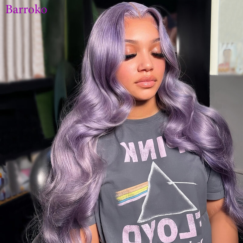 Barroko-Peluca de cabello humano ondulado de 13x4, postizo de encaje Frontal, color púrpura lavanda, pelo Remy predespuntado, 180% transparente