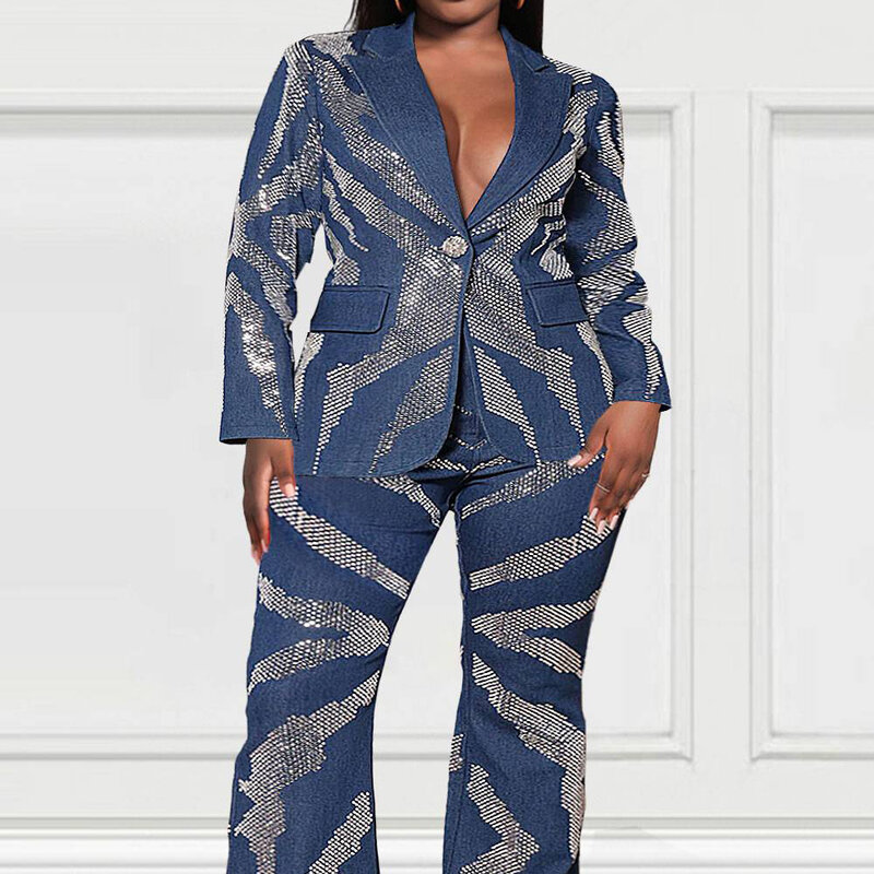 Plus Size Party Pant Set Deep Blue Denim Sequin Blazer Suit Two Piece Pant Set