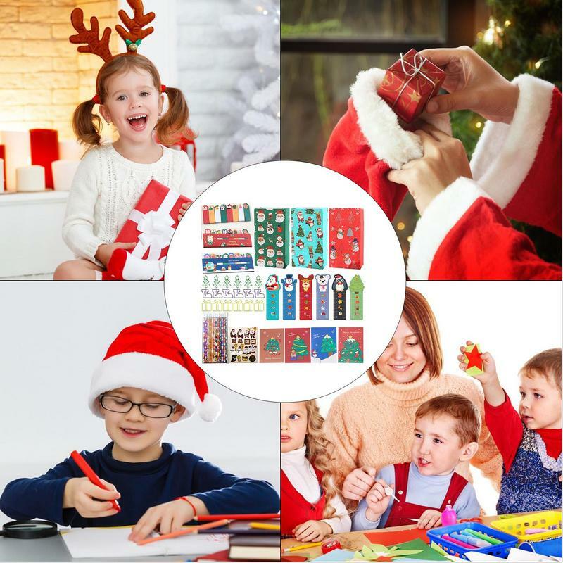 Kotak hadiah alat tulis Natal anak-anak, persediaan alat tulis Natal banyak warna untuk taman kanak-kanak