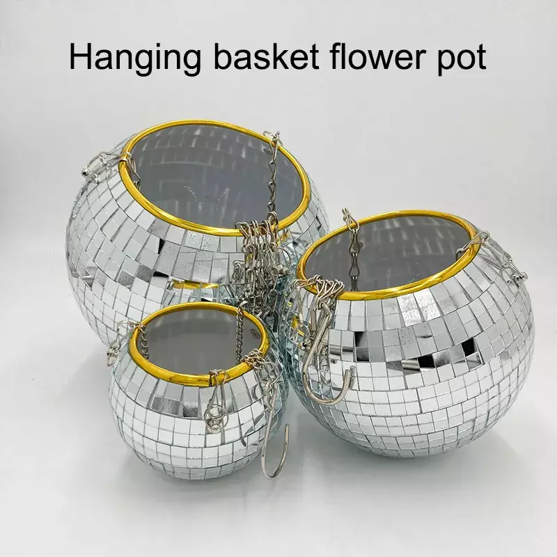 1 buah Pot bunga bulat kreatif bola disko Pot gantung keranjang plastik kaca cermin tanaman Pot sukulen perak