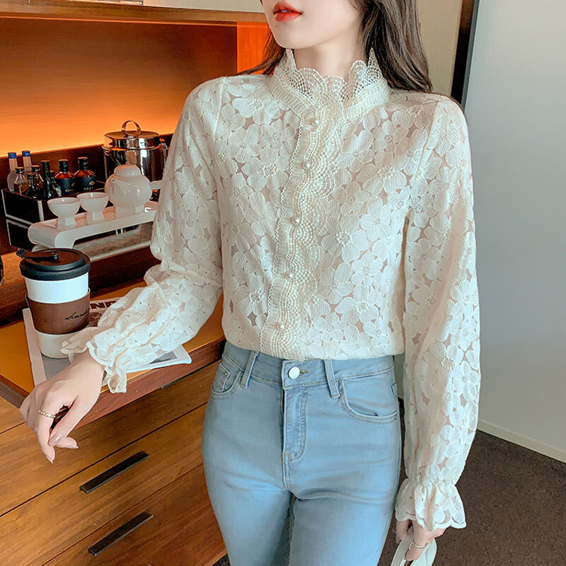 Vintage Elegant Lace Floral Chiffon Blouse Autumn 2022 Stand Collar Hollow Sweet Shirt Long Sleeve Tops Blusas Mujer Women 23070