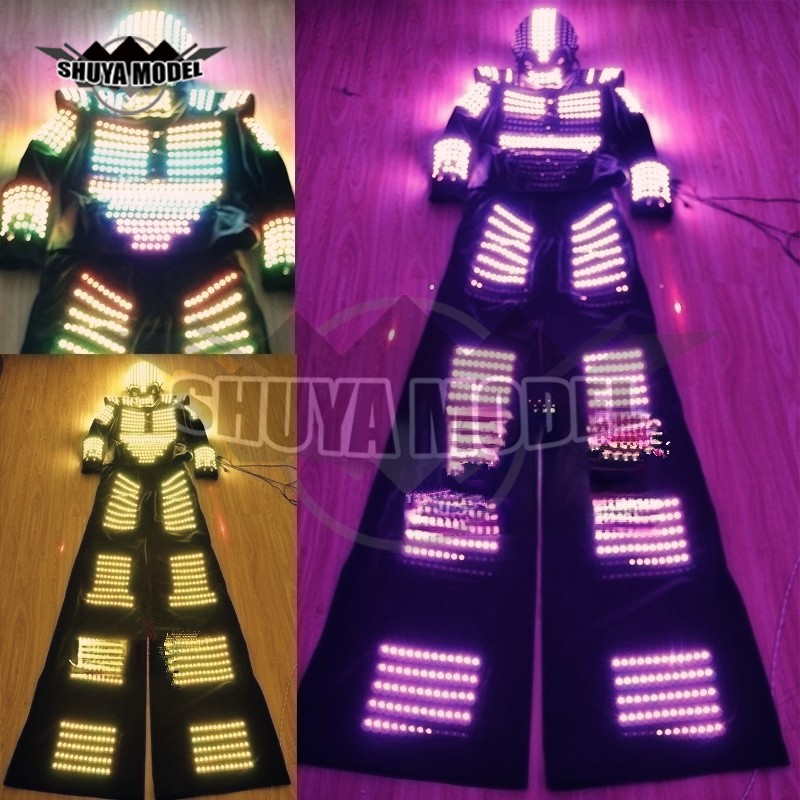 Permintaan aktif lampu bercahaya Led pakaian kostum Robot cahaya Neon kostum DJ Stilt Walker kostum dansa