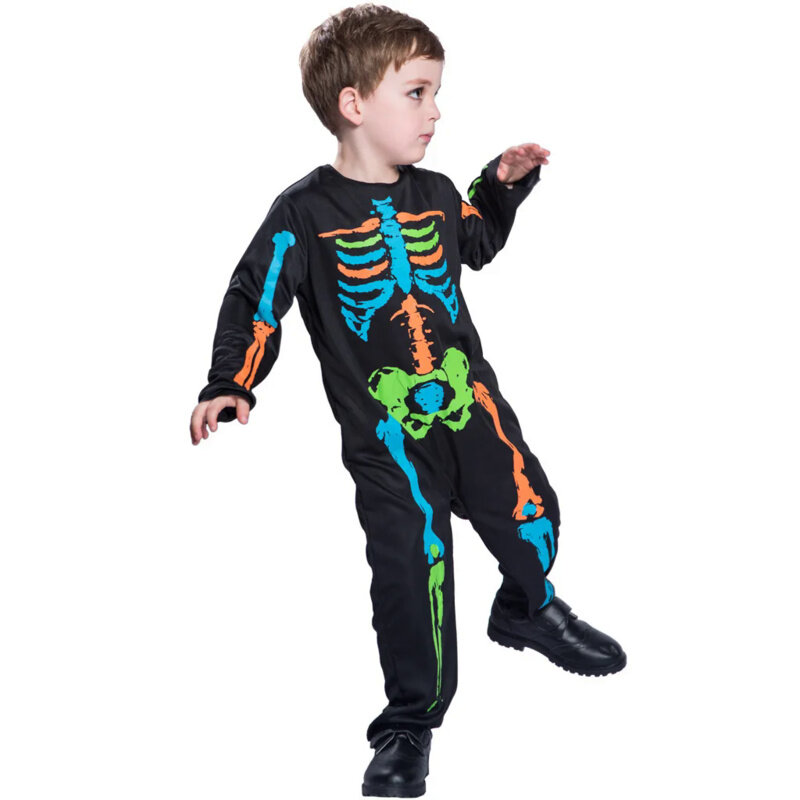 Halloween rainbow skeleton girl dress colorful skull boy costume toddler fake punk bone cosplay costume carnival fancy clothing