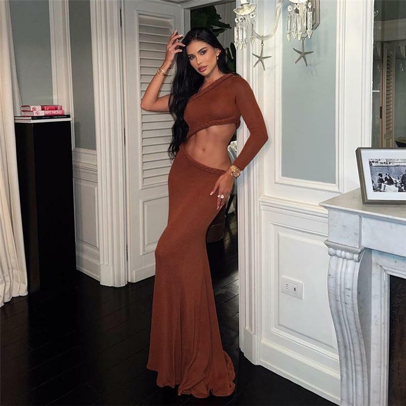 Women Sexy One Shoulder Crop Top + Long Skirts Club Party Outfits Matching Sets New Autumn Elegant Braiding Rope Two Piece Set