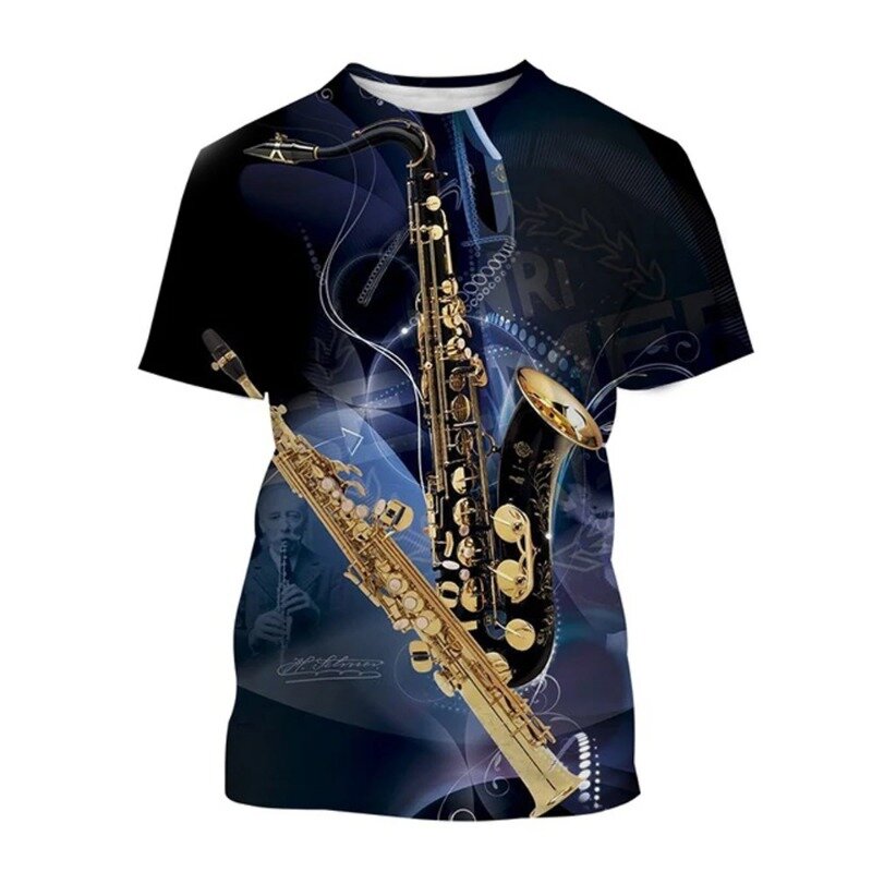 Camiseta de rua manga curta com estampa saxofone masculina, estilo hip-hop, gola redonda, blusa verão, nova tendência