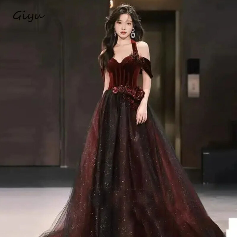 Блестящие винные бордовые вечерние платья Giyu трапециевидного силуэта, корейское свадебное платье с 3D цветами, блестящие вечерние платья из тюля