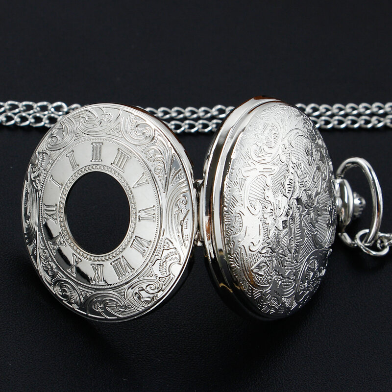Jam tangan saku Quartz angka Romawi perak/perunggu/hitam casing berongga Pria Wanita Steampunk dengan hadiah rantai