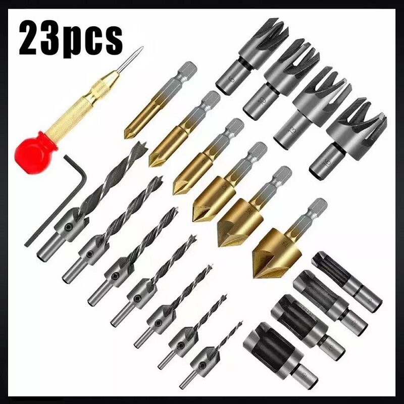 23Pcs Woodworking Chamfer Drilling Tool Counterbore Drill Bit Set Titanium-plated Chamfering Tool And Automatic Center Pin Punch