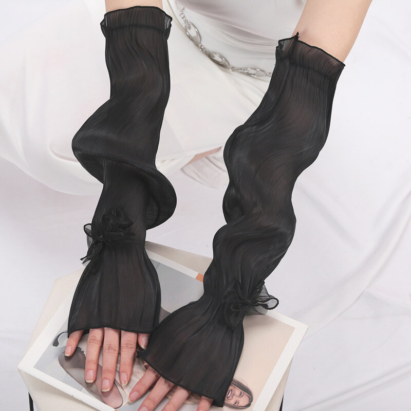 2024 Summer Women Sun Protection Sleeves Ruffles Elegant Silk Lace UV Thin Bell Sleeves Bow-knot Cycling Driving Arm Sleeves