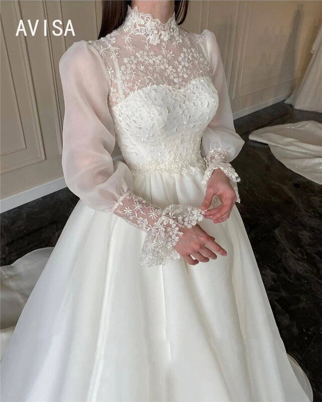 Hoher Kragen eine Linie Hochzeits kleid Spitze Puff lange Ärmel hoher Hals Korea Hochzeit Brautkleider Robe de Mariage Vestidos de Novia