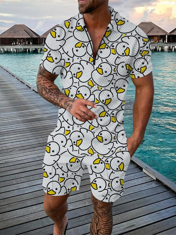 Funny Cartoon Duck Panda 3D Print Polo Shirts Shorts Sets Men Fashion Oversized Short Sleeve Shirt Pants Set Suits Man Clothing