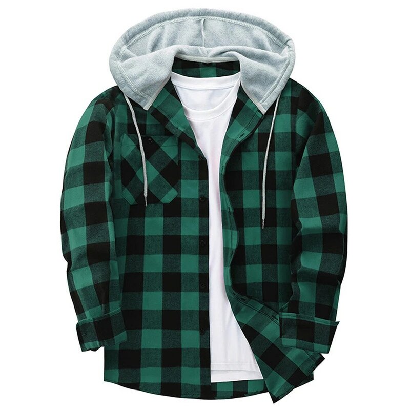 Fashion Mens Plaid Long Sleeve Hooded Shirts Patchwork Buttons Pocket Man Shirts Coat Work Casual Male Tops Cardigan