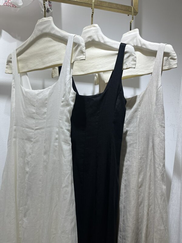 Women Square Collar Back Smocking Zipper 100% Linen Strap Midi Dress
