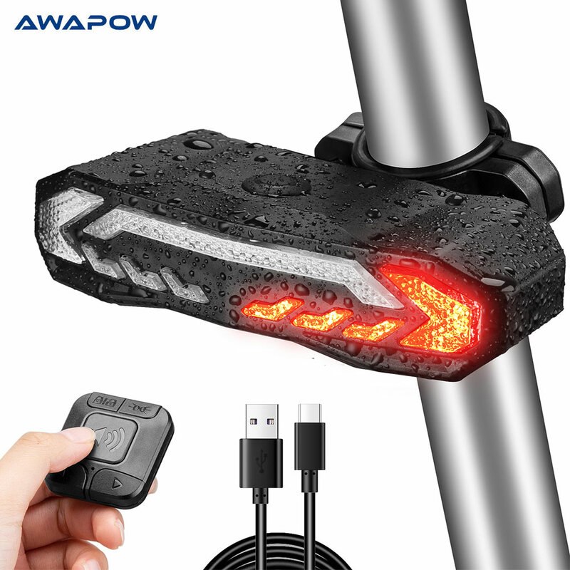 Awapow lampu ekor sepeda Remote Control antiair, lampu belakang sepeda dengan sinyal belok 5 dalam 1 Alarm sepeda Anti Maling